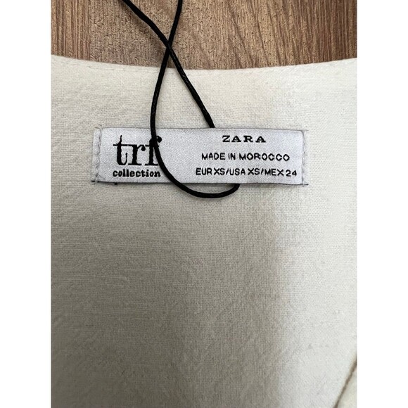 NWOT TRF ZARA Blouse Sz XSmall‎ Linen Blend Puff Sleeve Iridescent Shell Buttons - Picture 6 of 9